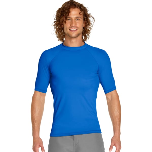 A blue adult short sleeve rash guard with UPF 50+ protection, featuring a fitted design and a logo.