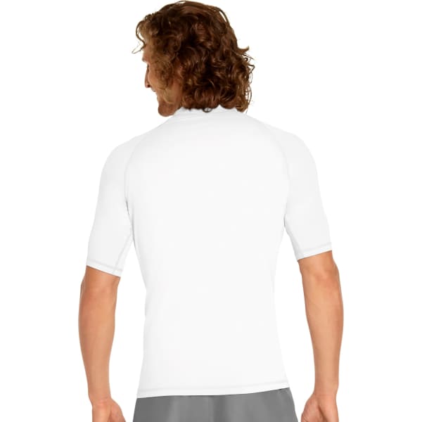 A white adult short sleeve rash guard with a logo on the back, designed for sun protection with UPF 50+.