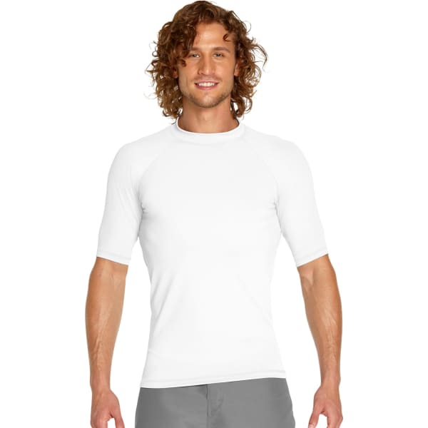 A short sleeve rash guard in white featuring a fitted style and a logo on the chest.
