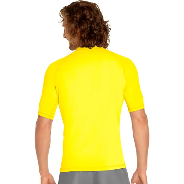 A yellow adult short sleeve rash guard with UPF 50+ protection, featuring a logo on the back.
