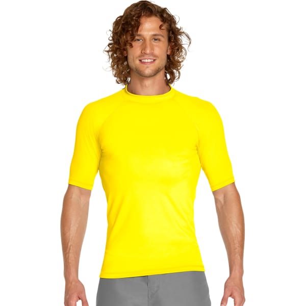 A yellow adult short sleeve rash guard with a fitted design and a logo.