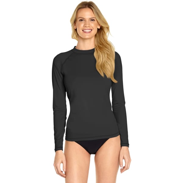 A long sleeve rash guard in black, featuring a fitted style and a logo on the front.
