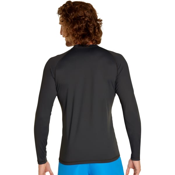 A long sleeve rash guard in black, featuring a fitted style and a logo on the back.