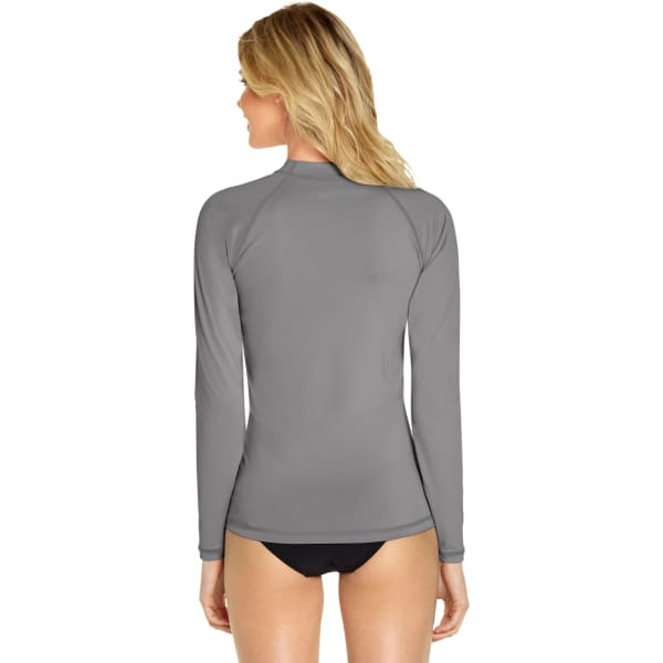 A grey adult long sleeve rash guard features a high neck and fitted design. It has a logo on the back.