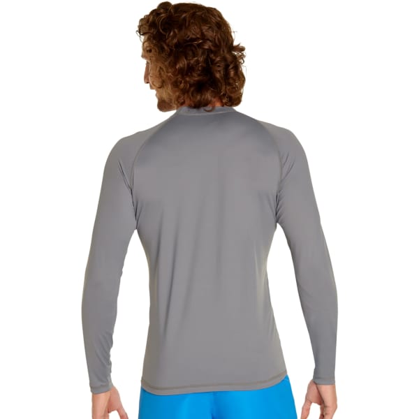 A long sleeve rash guard in grey, featuring a fitted design and a logo on the back.