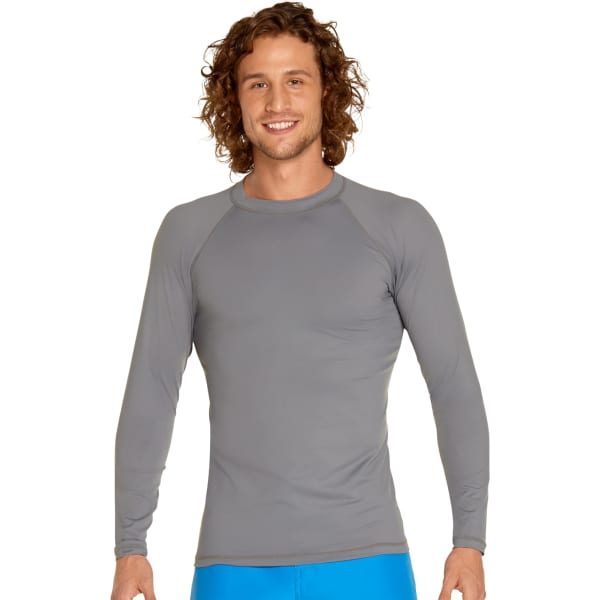 A long-sleeve rash guard in grey with a fitted design, featuring a logo on the chest.