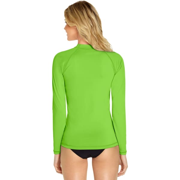 A bright green long sleeve rash guard featuring a fitted design and a high collar, with a logo on the back.