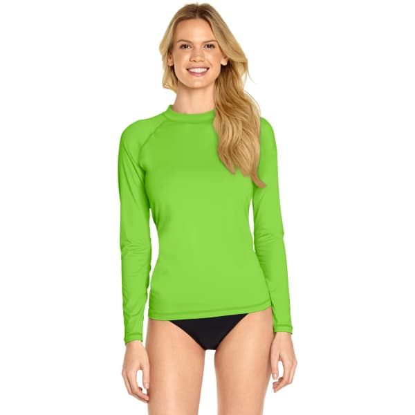 A bright green long sleeve rash guard with a fitted design and a neck collar, featuring a small logo.