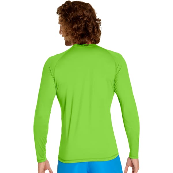 A long sleeve rash guard in bright green, featuring a fitted design and back view. It has a logo on the shoulder.