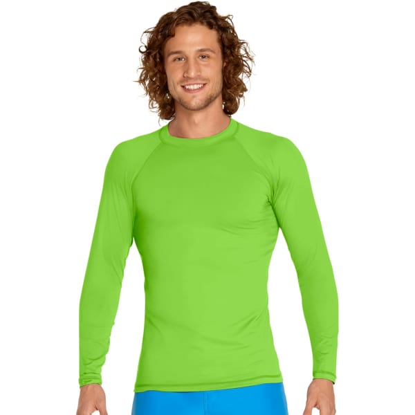 A long sleeve rash guard in bright green, featuring a fitted design and a crew neckline. It has a logo on it.