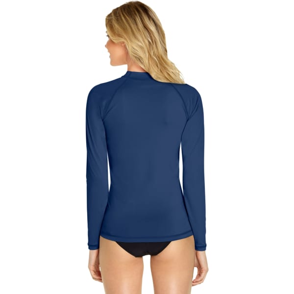 A long sleeve rash guard in navy blue featuring a fitted design and a high collar. It has a logo on the sleeve.