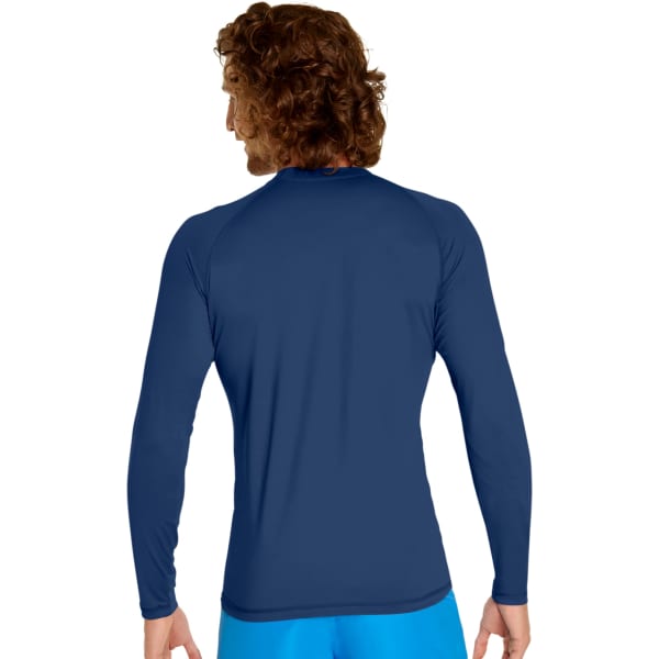 A navy long sleeve rash guard with a snug fit, featuring a logo. Designed for UV protection.