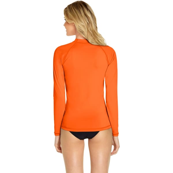 A back view of an orange long sleeve rash guard with UPF 50+ protection, featuring a sleek design.