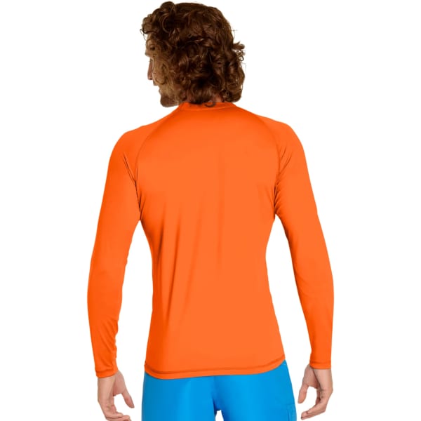 An orange long sleeve rash guard with a fitted design and a logo on the back.