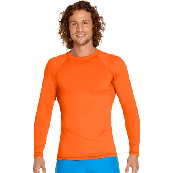 An orange long sleeve rash guard, featuring a fitted design and a logo, suited for outdoor activities.
