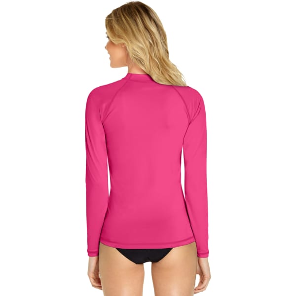 A bright pink adult long sleeve rash guard with a high neck, featuring a logo on the back.