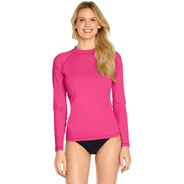 A pink long sleeve rash guard with UPF 50+ protection, featuring a fitted design. It has a logo on it.