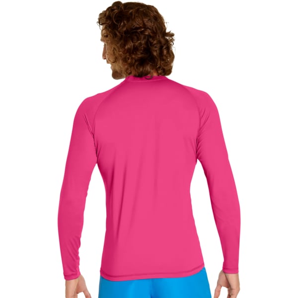 A long sleeve rash guard in bright pink, featuring a logo on the back and UPF 50+ sun protection.