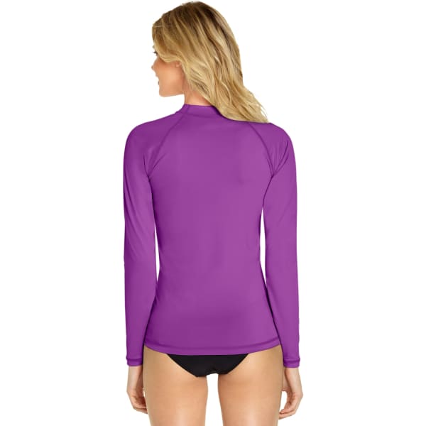 A long sleeve rash guard in vibrant purple, featuring a fitted design and a high collar, with a logo on the back.