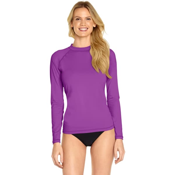 A long sleeve rash guard in vibrant purple, featuring a fitted design and a round neckline, with a logo present.