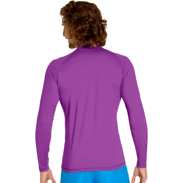 A purple adult long sleeve rash guard with UPF 50+ protection, featuring a logo on the back.