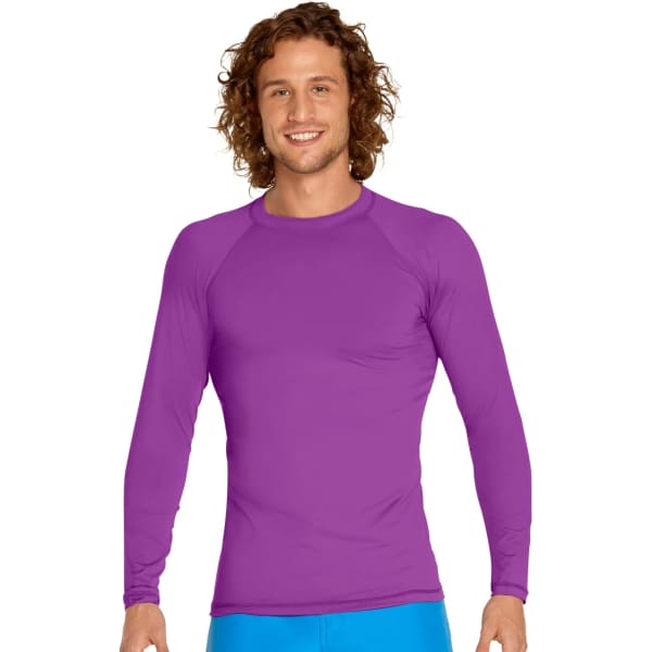 A purple long sleeve rash guard with UPF 50+ protection, featuring a branded logo.