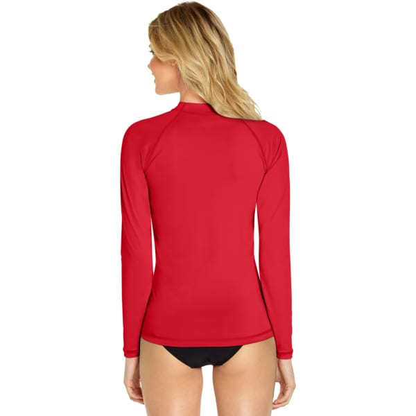 A red long sleeve rash guard in a fitted design, featuring a high collar and a logo on the back.