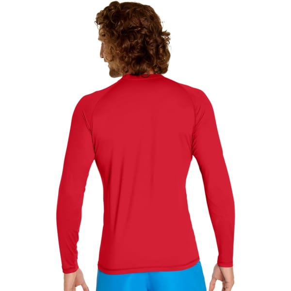A red long sleeve rash guard with UPF 50+ protection, featuring a back view and a fitted design.