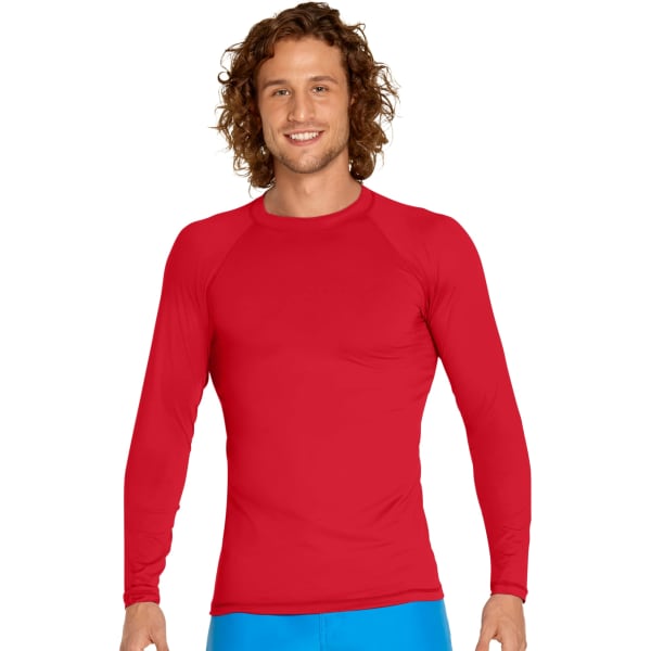 A red long sleeve rash guard with UPF 50+ protection, featuring a fitted design and a logo.