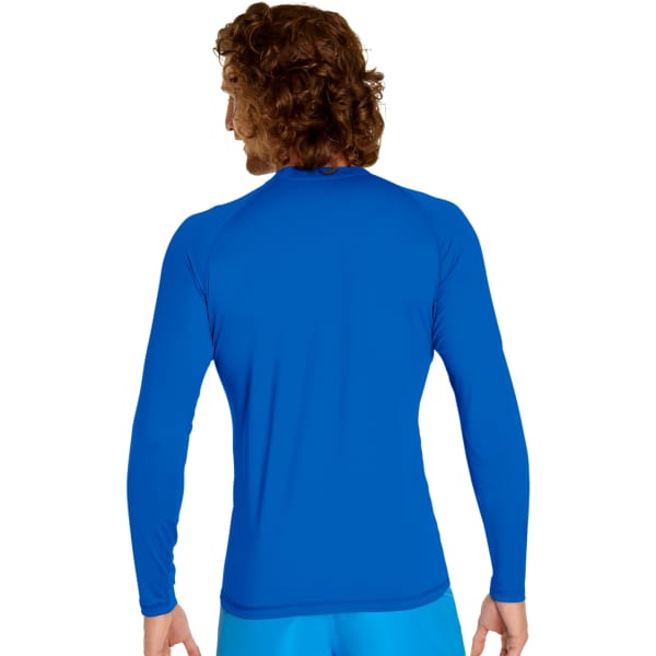A blue long sleeve rash guard with UPF 50+ protection, featuring a back view. It has a logo on the fabric.