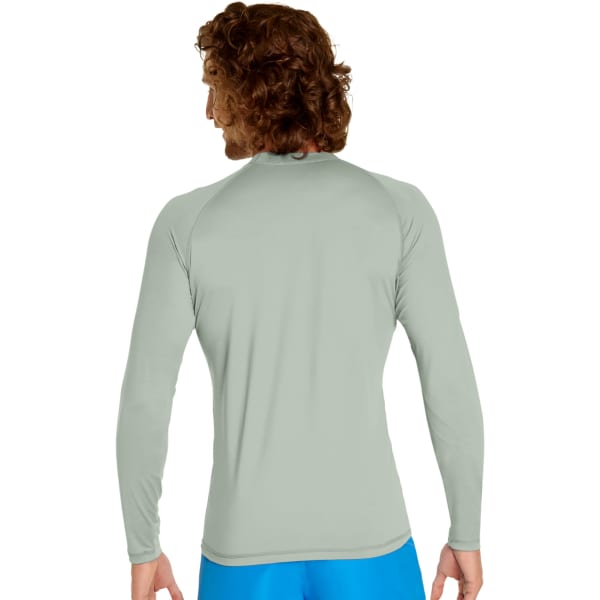 A long sleeve rash guard in a light green colour, featuring a back view and a logo on the side.