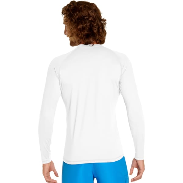 A long sleeve rash guard in white with a fitted design, featuring a logo on the back.