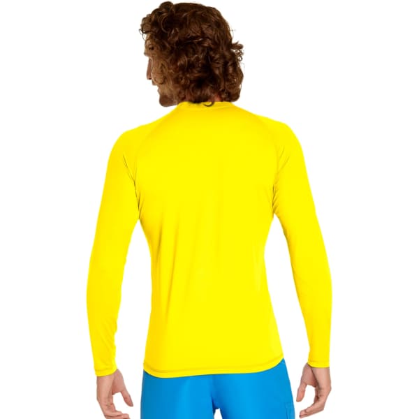 A long sleeve rash guard in bright yellow, featuring a simple design and a logo on the back.