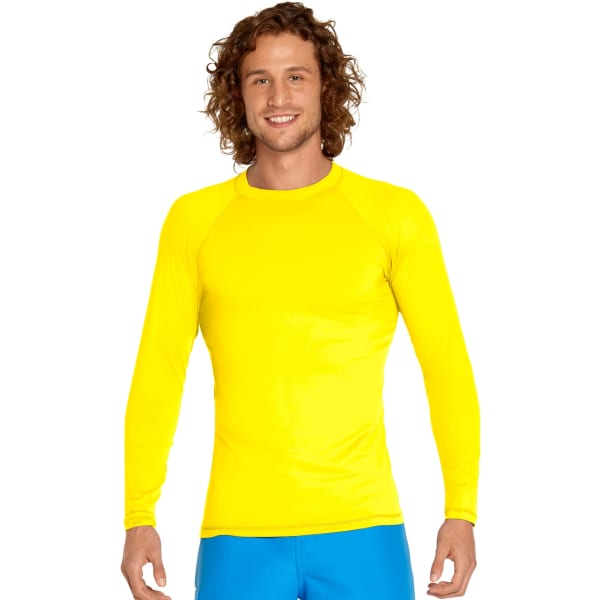 A long sleeve rash guard in bright yellow, featuring a fitted style and a logo on the chest area.