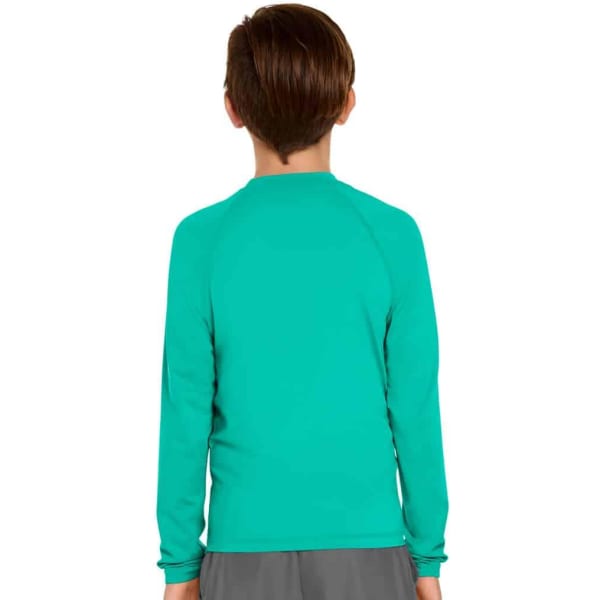 A youth long sleeve rashie in vibrant turquoise with a simple design and a branding logo.