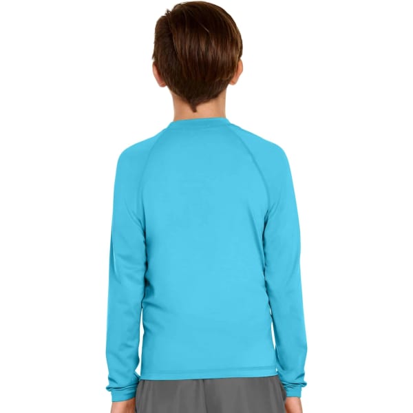 A long sleeve rashie in bright blue, featuring a logo, designed for youth and offering UPF 50+ protection.