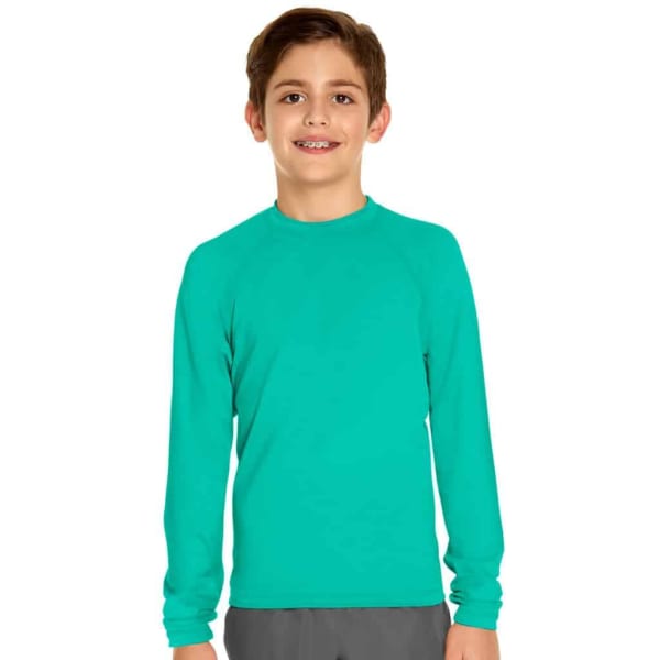 A youth long sleeve rashie in vibrant turquoise, featuring a round neckline and a logo on the chest.