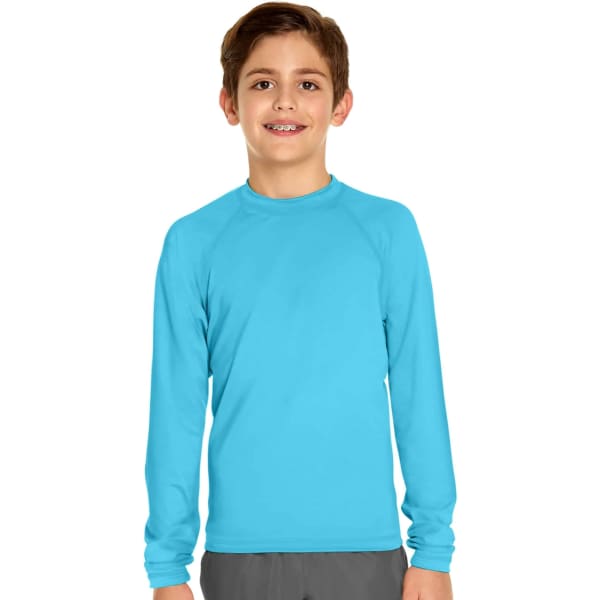 A long sleeve rashie in bright blue, featuring a logo, designed for youth sun protection with UPF 50+.