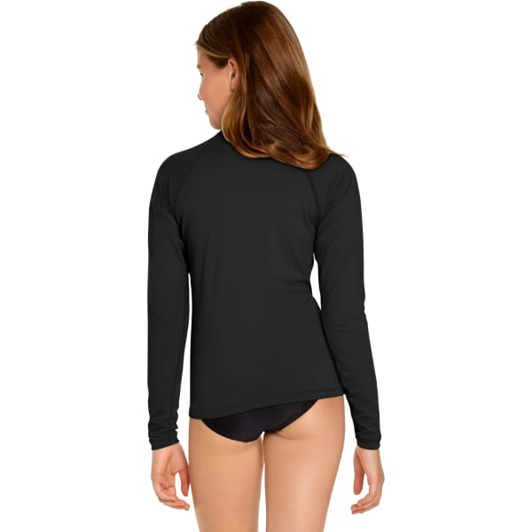 A black long sleeve rash guard with UPF 50+ protection, featuring a smooth design and a fitted cut.