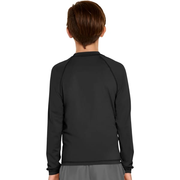 A youth long sleeve rash guard in black, featuring a simple design and a logo on the back.