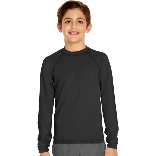 A youth long sleeve rash guard in black with a fitted design and a logo on the chest.