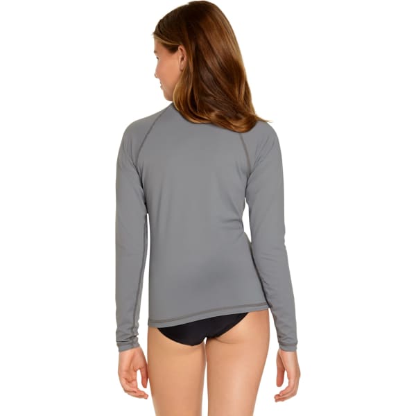 A youth long sleeve rash guard in grey, featuring a fitted design and a logo on the back.