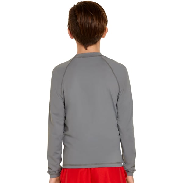 A grey youth long sleeve rash guard with UPF 50+ protection, featuring a simple design and a snug fit.