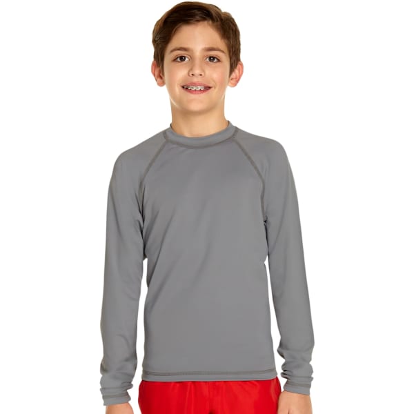 A youth long sleeve rash guard in grey, featuring a round neckline and a branding logo.
