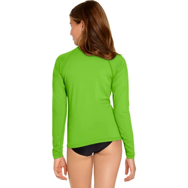 A green long sleeve rash guard with UPF 50+ protection, featuring a logo on the back.