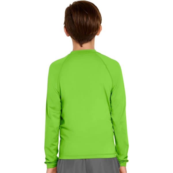 A youth long sleeve rash guard in bright green, featuring a simple design and a logo on the back.