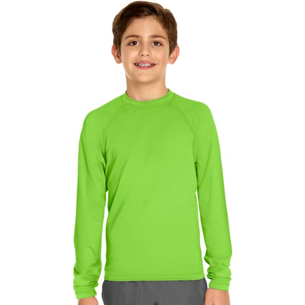A boy wearing a bright green long sleeve rash guard with UPF 50+ protection. The shirt has a logo on it.