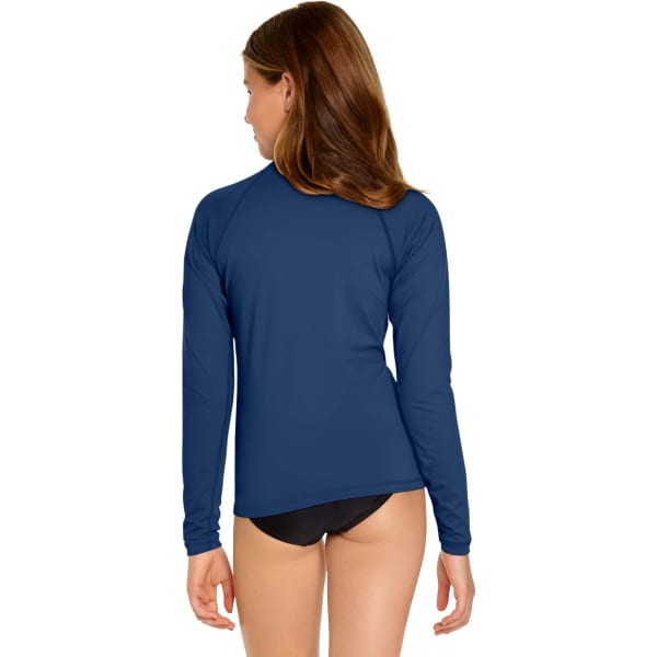 A youth long sleeve rash guard in navy blue, featuring a fitted design and a logo on the back.