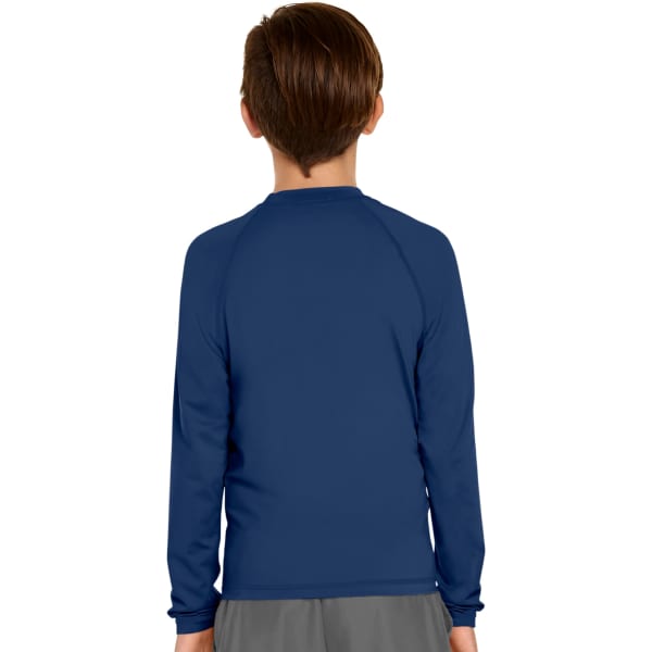 A navy long sleeve rash guard with a sleek design, featuring a logo on the back. Suitable for youth sizes.