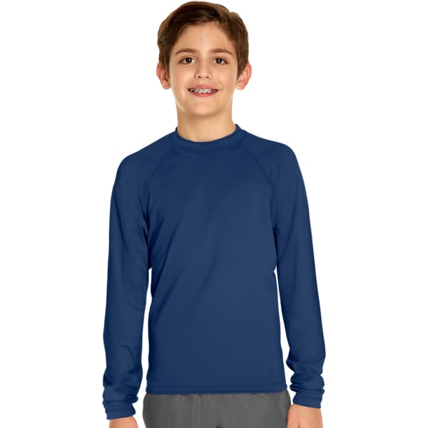 A youth long sleeve rash guard in navy blue, featuring a comfortable fit and a logo. Ideal for sun protection.